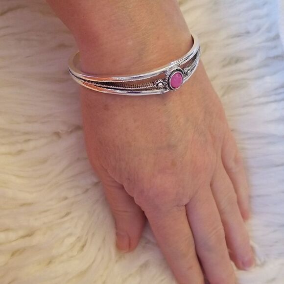 Bangle bracelet pink gemstone silver - Picture 6 of 9